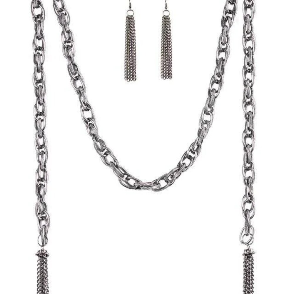 Paparazzi SCARFed for Attention Gunmetal Black Necklace and Earring Set